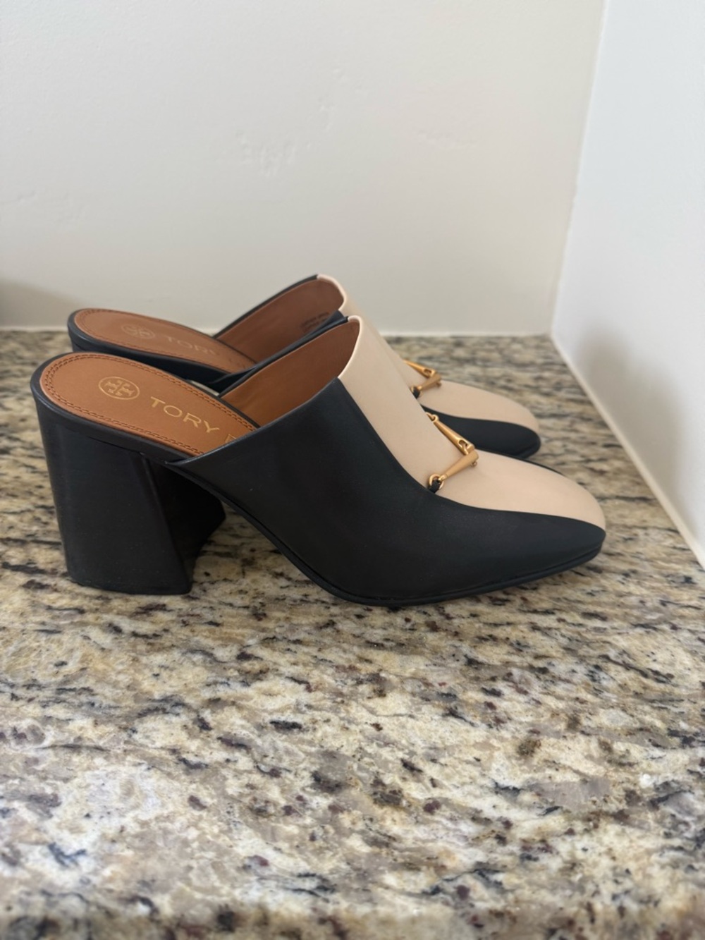Tory Burch Two-Tone Cream and Black Slip-On Mules with Gold Hardware - Picture 2 of 3